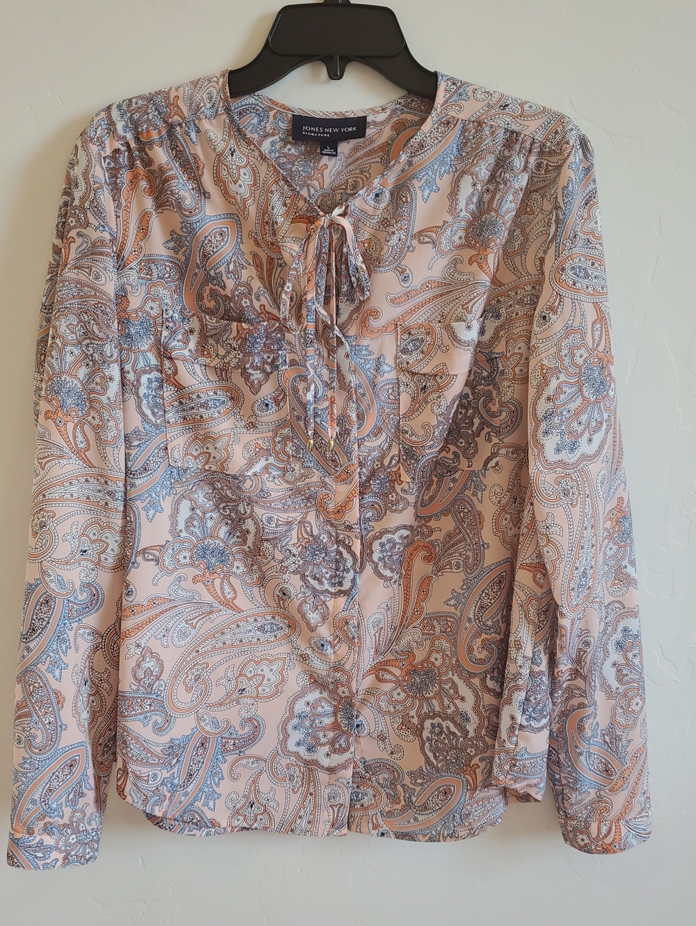 Jones New York Peach and Blue Paisley Tie-Neck Blouse